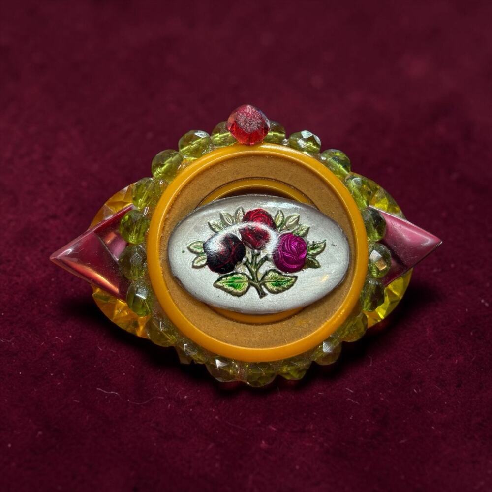 Artisan Bakelite Assemblage Brooch Butterscotch Cherry Juice Floral Pin OOAK